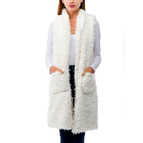 Ashley By 26 International Jackets & Blazers - Ashley by 26 International Faux Fur Hooded Vest White Knee Length Pockets NWT LG